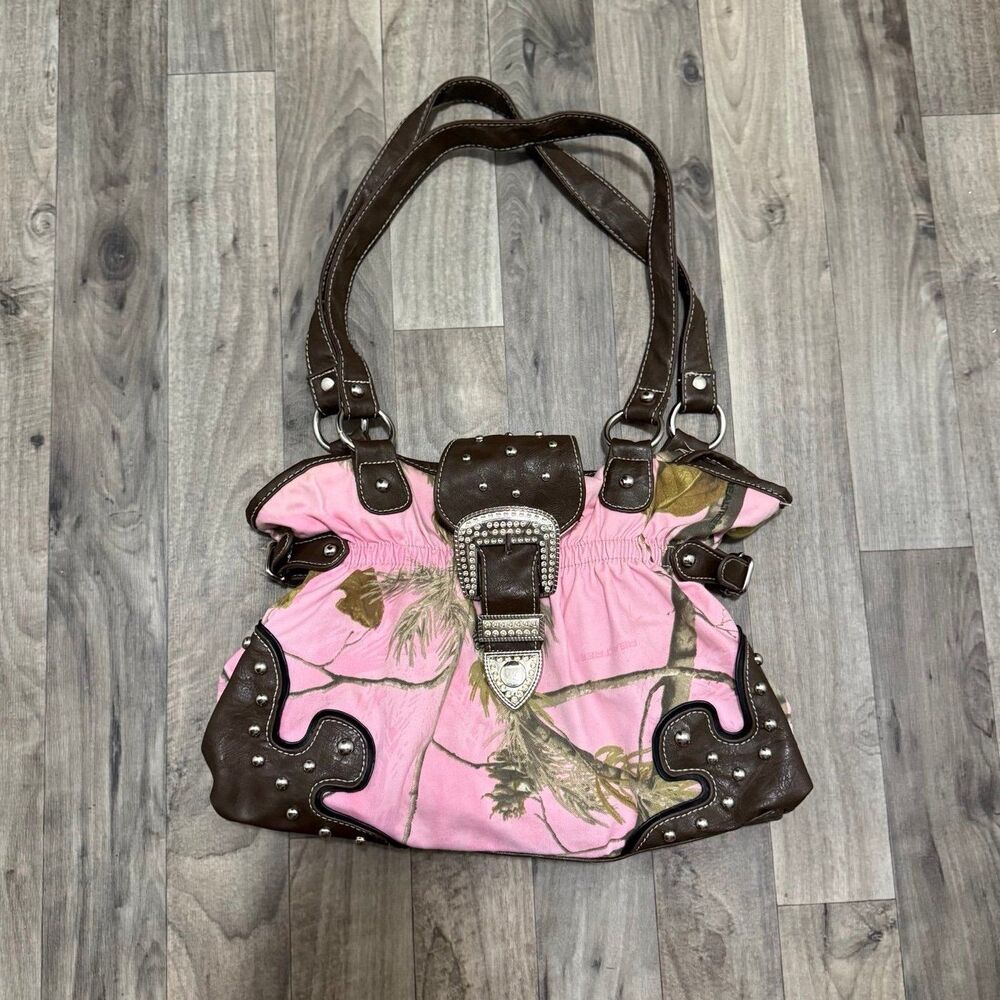 Realtree Pink Camo Western Shoulder Bag Studded Rhinestone Buckle Purse Y2K